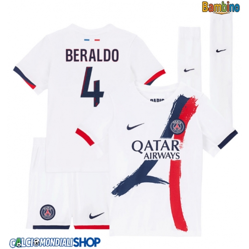 Maglie da calcio Paris Saint-Germain Lucas Beraldo #4 Seconda Maglia Bambino 2025-26 Manica Corta + Pantaloni corti)